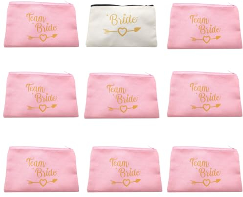 BCEDIGAD Segeltuch Make Up Tasche, 9 Stück Braut Team Bride Leinwand Makeup Tasche JGA Kosmetiktaschen Segeltuch Kosmetiktasche mit Reißverschluss für Frauen und Mädchen Reisen Geschäftsreisen