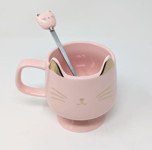 JRose Collections Cute Cat Ceramic Mug with Spoon - 350ml Pink Coffee Mug with Gold-Ear Detailing - Ideal for Tea, Coffee, and Hot Chocolate Lovers