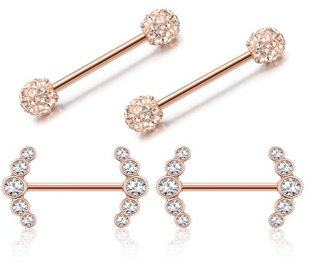 PiercingJak 4pcs 14G Piercing Téton Mamelon Anneau Acier Chirurgical Piercing Anneaux Mamelon Téton Femme Piercings Barbells Nipple Piercing Langue Téton Rose Or Bijoux de Corps Sexy