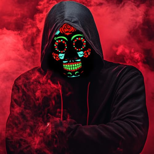 MineIdea Masque d'Halloween à LED pour adultes, masque lumineux jour des morts, masque à LED avec 3 modes d'éclairage et bandeau réglable pour homme et femme