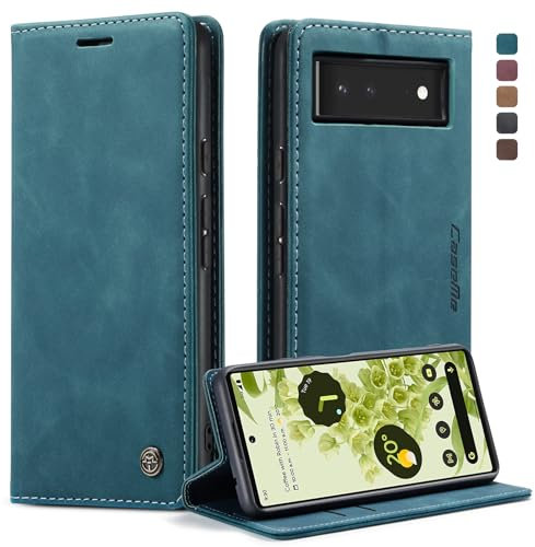 Cracedily Handyhülle für Google Pixel 6 Hülle, Klapphülle Premium Lederhülle Klappbar Flip Case Tasche Magnet Kartenfach Standfunktion Klapphülle Schutzhülle für Google 6 Handyhülle, Blaugrün