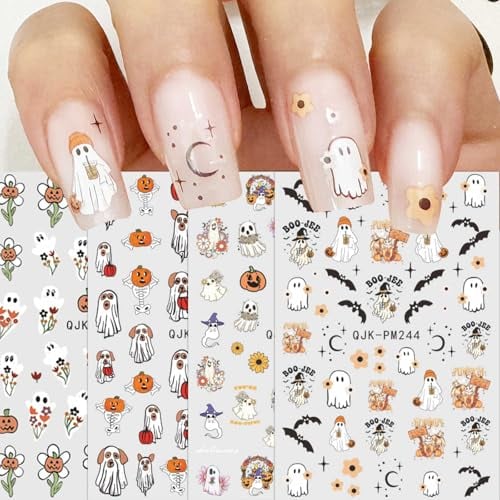 JMEOWIO 9 Sheets Halloween Nail Art Stickers Decals Self-Adhesive Cute Ghost Flower Nail Supplies Nail Art Design Decoration Accessories