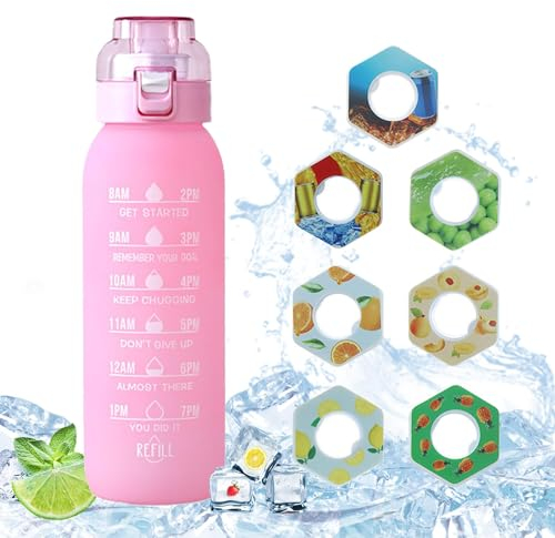 Drinking Bottle With Flavour, 1000 ml, 7 Flavour Pods, 0% Sugar Water Bottles, Water With Flavour, Bottle With Flavour, Sports Drinking Bottle, Bicycle Water Bottle (B)