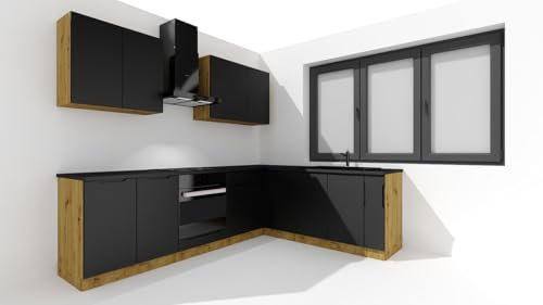 PEGANE Cuisine complète d'angle ISYA 9 éléments Couleur Noir/Chêne Artisan - Longueur 200/260 cm