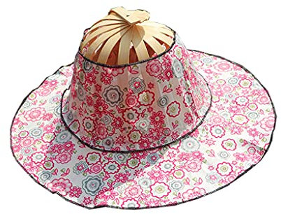 CVZQTE Foldable Hand Fan For Sun Hat 2 In 1 Chinese Portable Floral Printed Handheld Fan Beach Cap Bamboo Hat