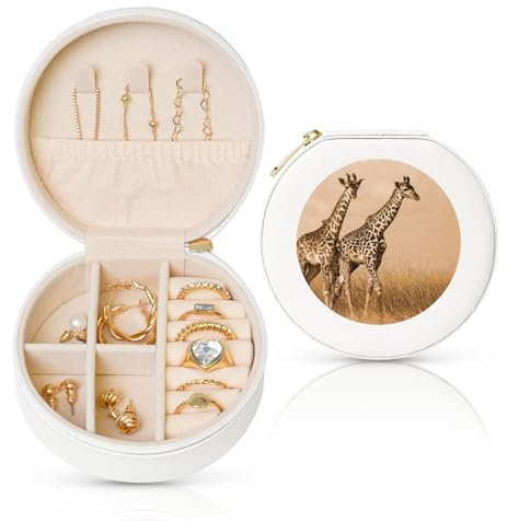 GSGCSBYMLG Zwei Giraffen, die auf dem Barren laufen, bedruckt, rund, Leder, Schmuckaufbewahrungsbox, tragbare Schmuckschatulle