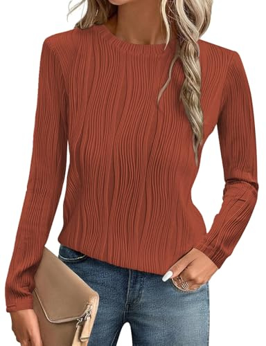 Gemulate Long Sleeve Tops Women Dressy Casual Ladies Blouses T-Shirts | Crewneck Trendy Basic Loose Textured Blouses Outfits