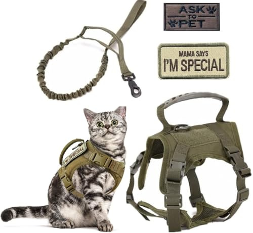 ZHHSUNY Harnais Tactique pour Chat,Harnais de Marche pour Animal Domestique réglable avec,avec emblèmes brodés, Respirant &Anti s'échapper Corde de Traction réfléchissante pour Chat(Vert)