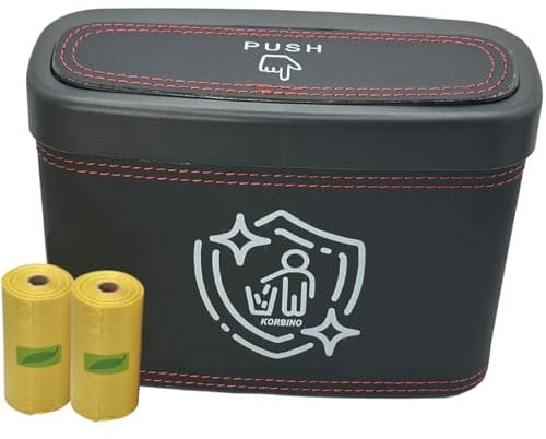 KORBINO Auto Mülleimer mit Deckel, Zubehör & Organizer für den Innenraum, Aufbewahrungsbox in Schwarz mit 40 Stück Müllbeutel