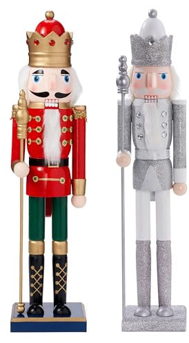 THE TWIDDLERS - 2 Pack Large Silver & Red Wooden Christmas Nutcracker Soldier Ornaments, 50cm / 20 - Handmade with Premium Wood and Moveable Parts, Festive Xmas Decorations