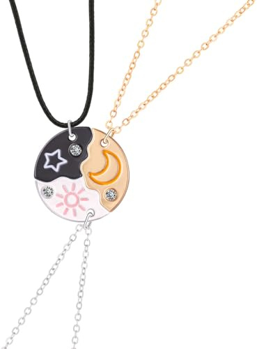 Joiigaem BFF Necklace For 3 Trio Sun Moon Star Friendship Puzzle Matching Necklaces For Best Friends 3 Sisters Forever Jewelry Gifts (Black Gold Pink)
