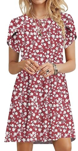 PLOKNRD Sommerkleid Damen Blütenblatt Ärmel T-Shirt Kleid Rundhals Blumenmuster Freizeitkleid Leicht und Luftig mit Taschen(Rote Blumen,M