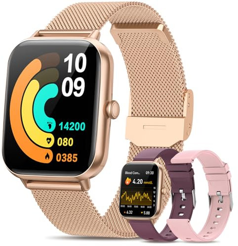 BANLVS Smartwatch Donna con ππ€π£ππ©π€π§ ππ‘ππππ’ππ, 1.83 Orologio Fitness Chiamate Bluetooth con 3 Cinturini 24/7 Monitor Sonno Cardiofrequenzimetro SpO2, IP68 Smartwatch per Android iOS Oro