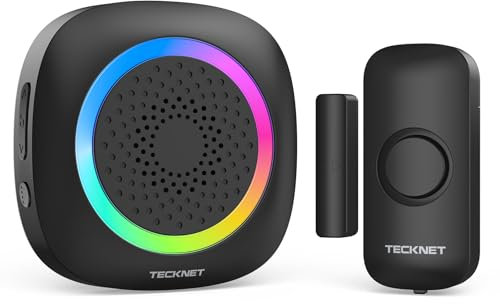 TECKNET Wireless Door and Window Open Sensor Alarm Chime, 1000Ft Operating Range 61 Chimes Adjustable Volume with Mute Mode RGB Indicators Door Open Alert-Black