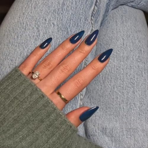 SXVME Dark Blue False Nails Medium, Acrylic Press on Nails Almond Solid Color Full Cover Fake Nails Medium Stiletto Stick on Nails for Women DIY Nail Art 24 Pcs