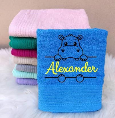 Wuff-Dogsworld Kinderhandtuch mit Motiv & Namen Bestickt, personalisiert, für Jungen & Mädchen, Verschiedene Motive & Farben, 100% Baumwolle (Azur blau, 50 x 100 cm)