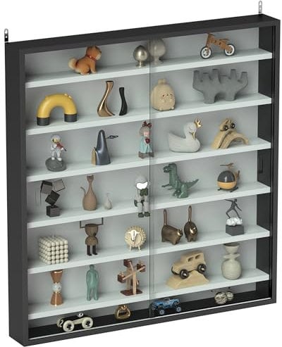 HOMCOM 7-Tier Wall Mounted Display Cabinet, Display Case with 6 Adjustable Shelves, Glass Doors for Home Office Ornaments 83x80cm, Black and White