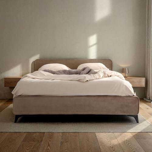 IDIMEX Polsterbett LAVORO Einzelbett 140x200, Greige - Bett mit Lattenrost und Samtstoffbezug, Bettgestell mit gepolstertem Kopfteil, modernes Design, Robuster Holzrahmen & Metallbeine
