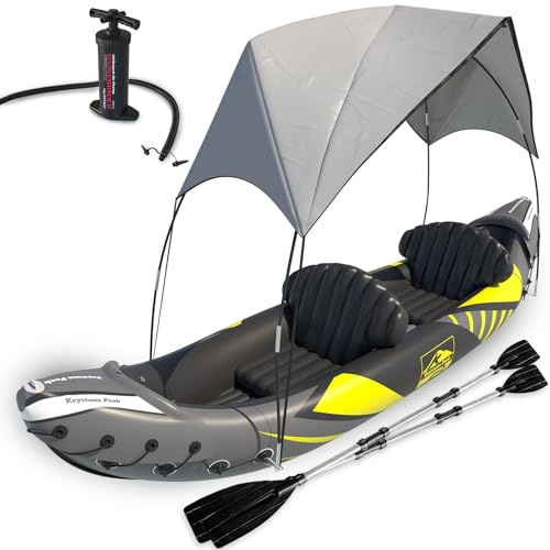 KP Inflatable Kayak 2 Person with Sun Canopy (Detachable) - Kayaks for Adults - Waterproof Phone Bags - Adjustable Seats - 3rd Seat for Dog/Child - Backrests & More - Grey