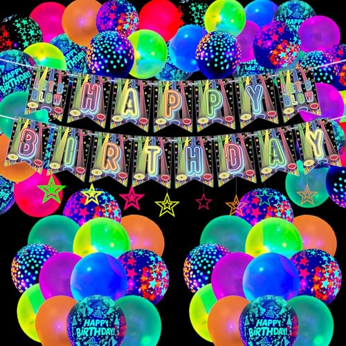 Im Dunkeln leuchtende Geburtstagsfeier-Dekorationen, einschließlich Happy Birthday Banner, Neonballons, Sternendekorationswirbel, leuchtende Geburtstagszubehör für Kinder