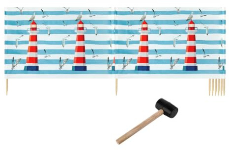 Ladeheid Windschutz Strand Strandzubehör Sichtschutz Holzstäbe LAEX001 | Mit Gummihammer, Strand Sichtschutz für Camping, Windfang im Sand, maritimes Muster, praktisches Strandzubehör mit Holzstäben