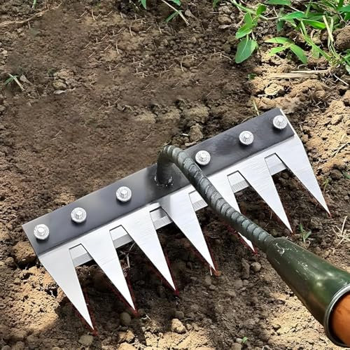 Rastrello in ferro a 5/6/7/8 denti, rastrello in acciaio al carbonio con manico, per giardinaggio, coltivare diserbo (5 denti)