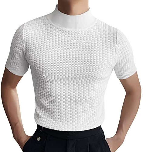 Haut à col Montant pour Homme, Chemise côtelée à col roulé à Manches Courtes et col Haut, Pull Thermique d'automne