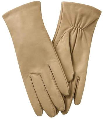 Hanotolo Leather Gloves for Women,Lambskin Premium Wool Lined for Winter, Water-Resistant Driving Gloves Sand, L