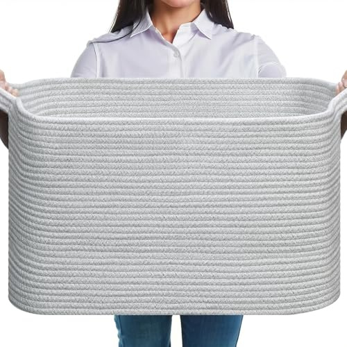 JOJOSEE Faltbarer Wäschekorb, 63L Aufbewahrungskorb Meliertes Hellgrau | Geflochten Aufbewahrungskorb mit Henkel, Laundry Baskets aus Baumwolle, Ideal für Decken, Kleidung, Kuscheltier, Spielzeug