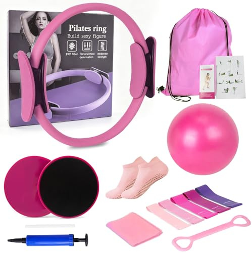 BOUFEIDA 15er Pilates Set, Pilates Zubehör Essential Kit für Zuhause mit 37cm Magic Ring, 25cm Yoga Ball, 5 Widerstandsbänder, Yoga-Gleitscheibe, Abzieher, Socken & Tasche für Frauen Homeworkout