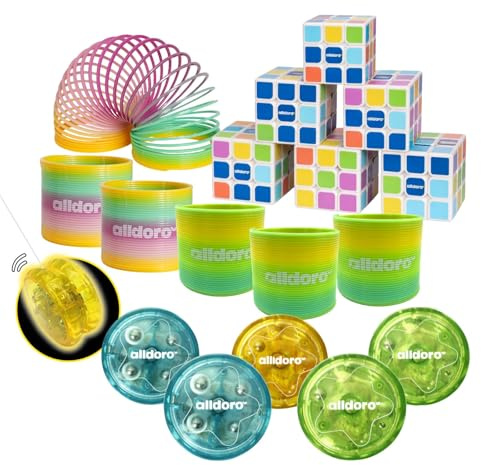alldoro 68772 Fidget Toy Set 18-teilig mit Treppenläufer, Zauberwürfel & LED JoJo, Spielzeugklassiker für Kinder ab 4 Jahre