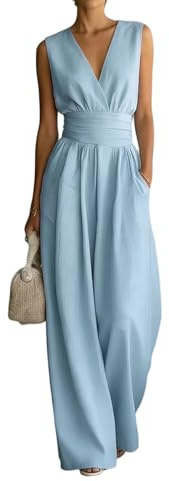 Jumpsuit Damen Elegant Lang Overall Sommer Hohe Taille V-Ausschnitt Hosenanzug Sexy Jumpsuits Romper Weites Bein Playsuit für Hochzeit Festlich