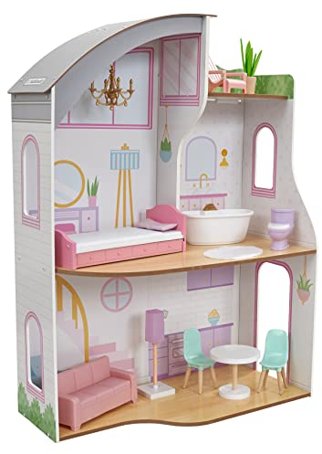 KidKraft Maison de Poupée en Bois Elise incluant Accessoires et mobilier, 3 Étages de Jeu avec Toit terrasse pour Poupées de 30 cm, Jouet Enfant dès 3 Ans, 10237