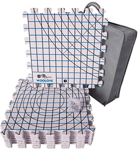 WOOLOVE Spannmatten mit Raster, Matten zum Spannen für Handarbeiten Stricken Häkeln Spitze – Spannunterlagen-Set mit 9 Stück Matten, 50 T-Nadeln und Tasche zum Aufbewahren
