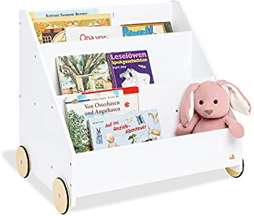 Pinolino Kinder-Bücherregal mit Rollen Lasse, aus Holz, 3 Fächer, 1 Geheimfach, gummierte Holzräder, für Kinder ab 3 Jahren, weiß