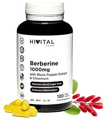 Berbérine 1000 mg. 120 gélules végétaliennes pour 2 mois de traitament. Extrait naturel de Berberis Vulgaris avec Chrome et Poivre Noir pour améliorer l'absorption. Fabriqué en Europe par HIVITAL