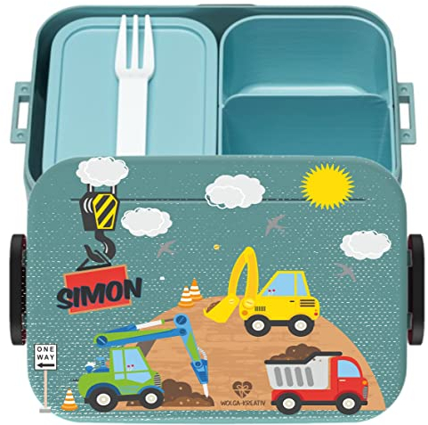 wolga-kreativ personalisierte Mepal Brotdose Kinder mit Fächern Baustelle Motiv - Lunchbox Kindergarten, Jausenbox Schule Geschenk Einschulung