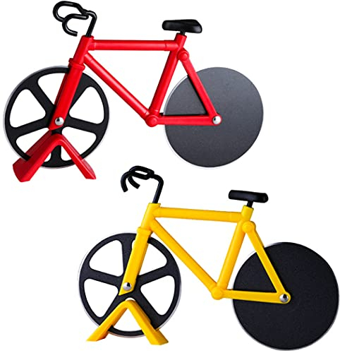 Hoshen - Tagliapizza creativo a forma di bicicletta, divisore, in acciaio inox, per pizza e taglia, 2 pezzi, colore: rosso, giallo