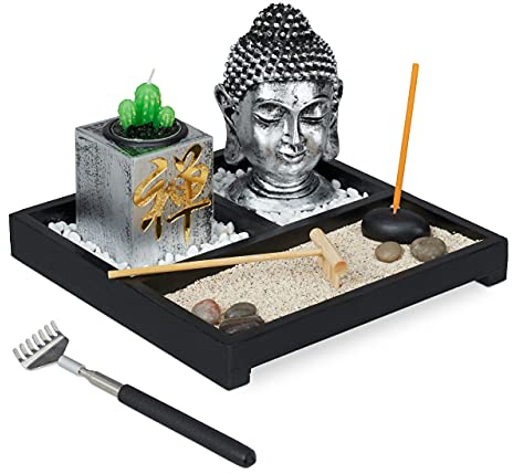 Relaxdays Zen Garten, mit Buddha, Steinen, Sand, Räucherstäbchen & Teelichthalter, Holzrechen, Feng Shui Deko, schwarz, 1 Stück
