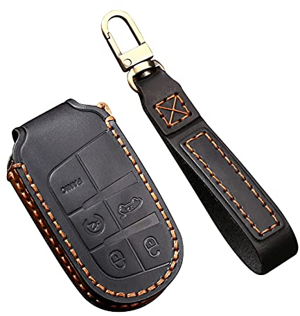 ontto Autoschlüssel Hülle Passt für?Jeep Renegade Grand Cherokee Dodge Journey Charger Challenger Fernbedienung Cover Leder Schlüsselhülle Schlüsselanhänger Schlüssel Schutz Etui 5 Taste-Schwarz