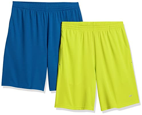 Amazon Essentials Herren Sportliche Basketballshorts fürs Fitnessstudio, atmungsaktiv und feuchtigkeitsableitend, mit Loose Fit und elastischem Bund, 2er-Pack, Blau/Neon-hellgrün, 5XL Große Größen