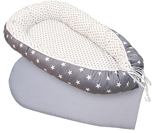 ULLENBOOM ® Babynest Set mit Einlage, Kuschelnest (55x95 cm) Graue Sterne (Made in EU) - Baby Nestchen aus Baumwolle, ideal als Reisebett, Baby Cocoon & Kuschelbett, im Set mit Einlage