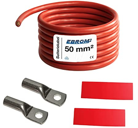 EBROM Batteriekabel „DIY SET PLUS Kabel ROT - 50 mm² von 30 cm bis 10 Meter, Ringösen Kabelschuhe M6/M8/M10/M12 kombinierbar, Ihre Auswahl: Vollkupfer Pluskabel 50 mm2, 100 cm Kabelschuh M8 + M10