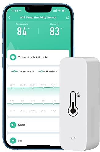 PHOVOLT WiFi-Hygrometer-Thermometer-Sensor für Zuhause, Innen- und Außenbereich, kabelloser Temperatur- und Feuchtigkeitssensor, Monitor mit Fernbedienung, App für Zuhause, Gewächshaus (1-Pack)
