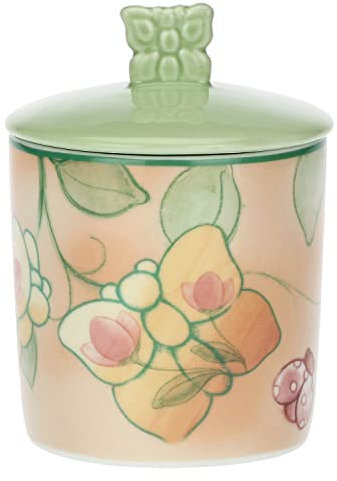 THUN Pasqua 2023, Barattolo con Coperchio Decorato con Fiori e Coccinella in Porcellana Decorata a Mano, Linea Pasqua Favolosa, 7.2x7.2x8 cm h