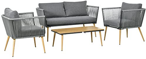 Outsunny Salon de Jardin en résine tressée 4 Places avec 1 canapé 2 fauteuils et 1 Table Basse 7 Coussins Inclus Gris