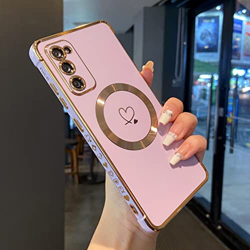 ZTOFERA Magnetic Case for Samsung Galaxy S20 FE (Not Fit S20) Compatible with MagSafe, Flexible Soft Silicone Protective Phone Case with Cute Love Heart Pattern Golden Rim Shockproof Cover, Purple