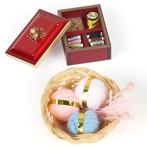 Keruhsci Wichtel Zubehör Miniatur Puppenhaus Zubehör, 1/12 Miniatur Nähkästchen Miniatur Nadel Korb, Puppenhaus Nähzimmer Zubehör, Mini Puppenhaus Knitting Werkzeug Set für Puppenhaus Room Dekor