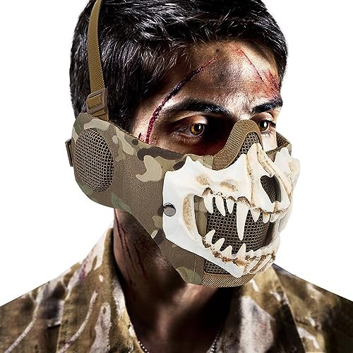 Yzpacc Airsoft Mask Half Face Oni Mask Samurai Mask Skull Half Face Masks Tactical Half Face Mask With Ear Protection Mesh Mask For Halloween Party Paintball Cs Hunting, CP-ear style-white