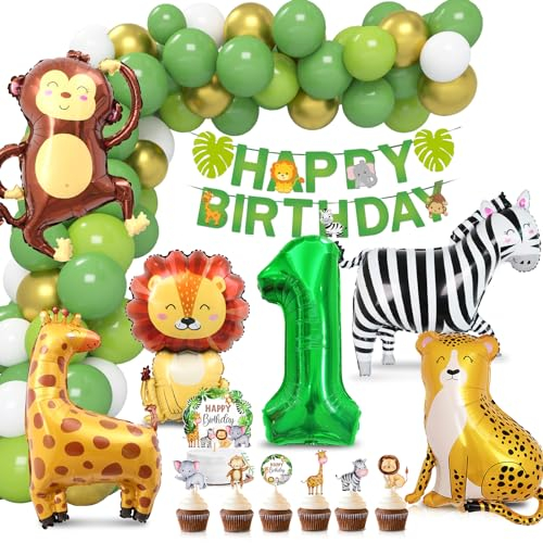 Dschungel Deko 1. Geburtstag, Wild One Luftballon, Folienballon Waldtiere, Ballons Grün Tortendeko Tiere, Safari Geburtstagsdeko für Mädchen Junge